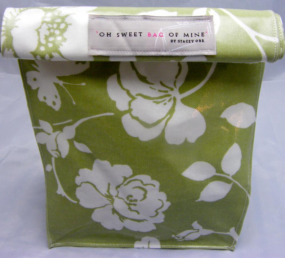 Oilcloth Lunch Bag - White Flowers On Mint Green