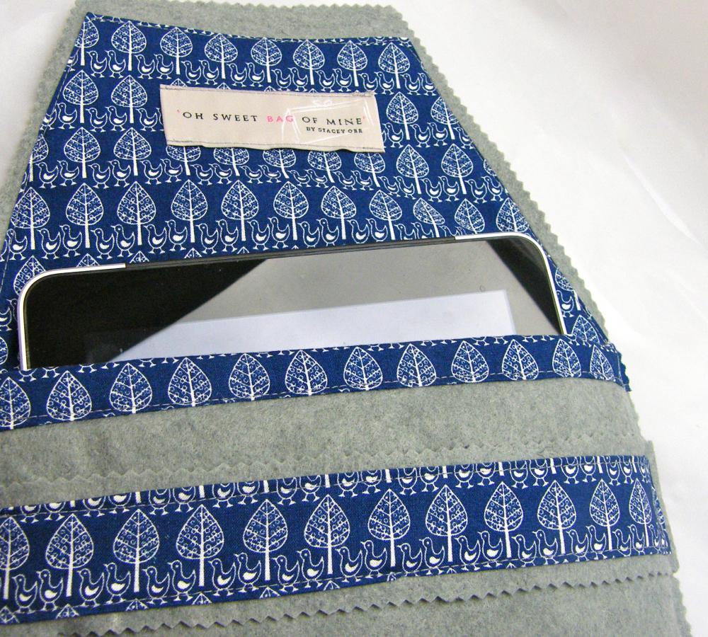 Ipad Cover - Grey Felt With Birds And Trees On Navy Blue Cotton